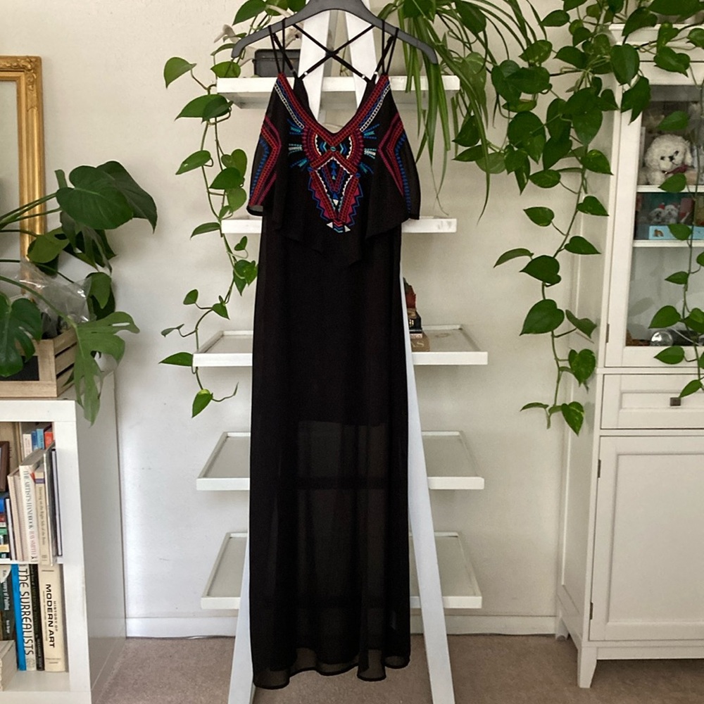 Xhilaration Black Maxi Dress with Colorful Embroidery